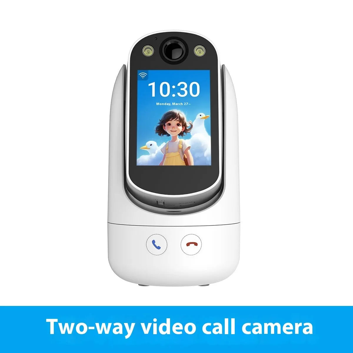 C20 two-way video call surveillance camera with 2.8-inch IPS screen, 1080P HD, white colour, front and side view