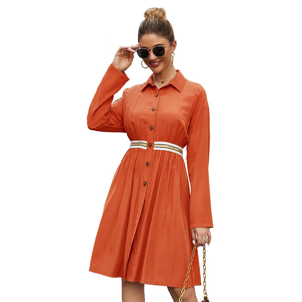 Women's summer casual A-line midi dress with elastic waist, lapel collar, long sleeves, in green colour