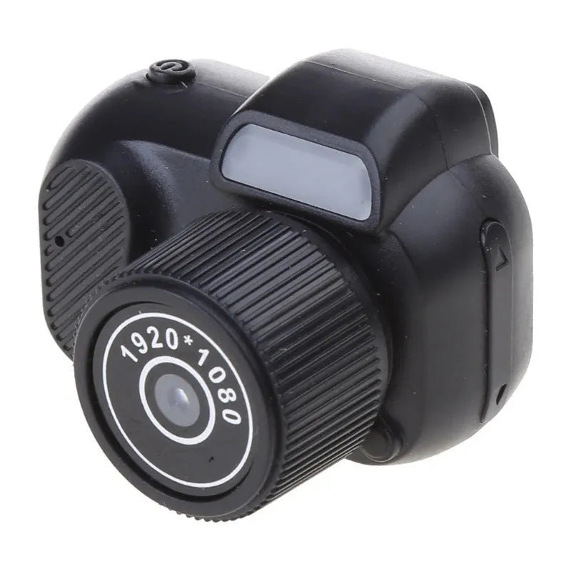 Retro style black mini camera with built-in screen for 1080p HD video recording