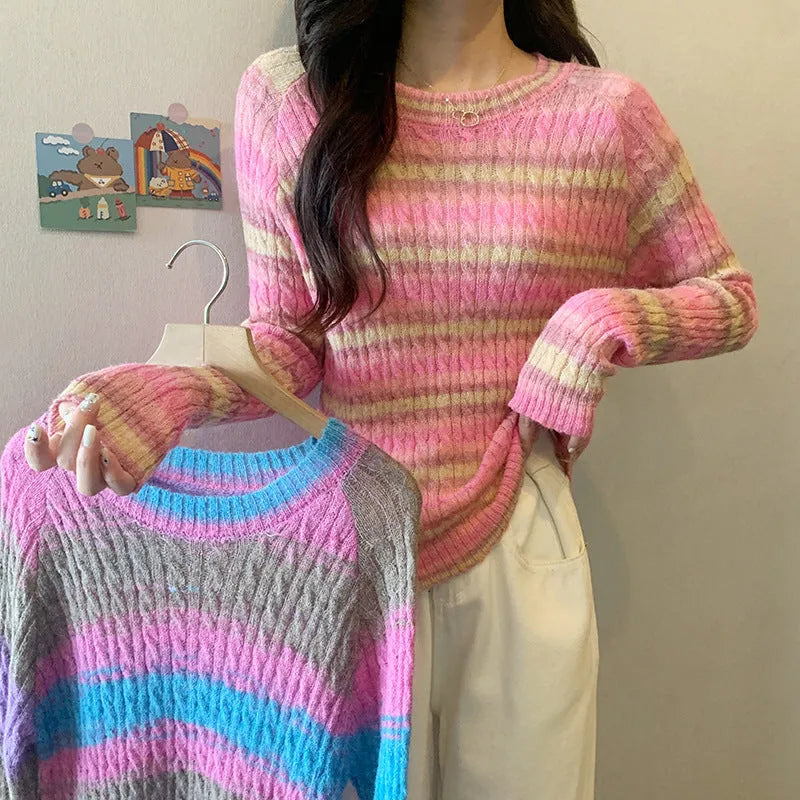 Striped round neck pullover sweater for women slim fit long sleeve embossing knit in pink