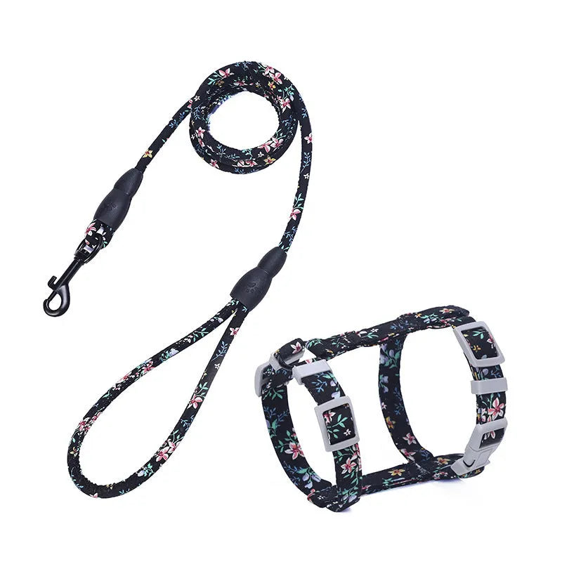 Cat I-shaped chest harness in blue with metal accessories and 150cm rope lead on white background