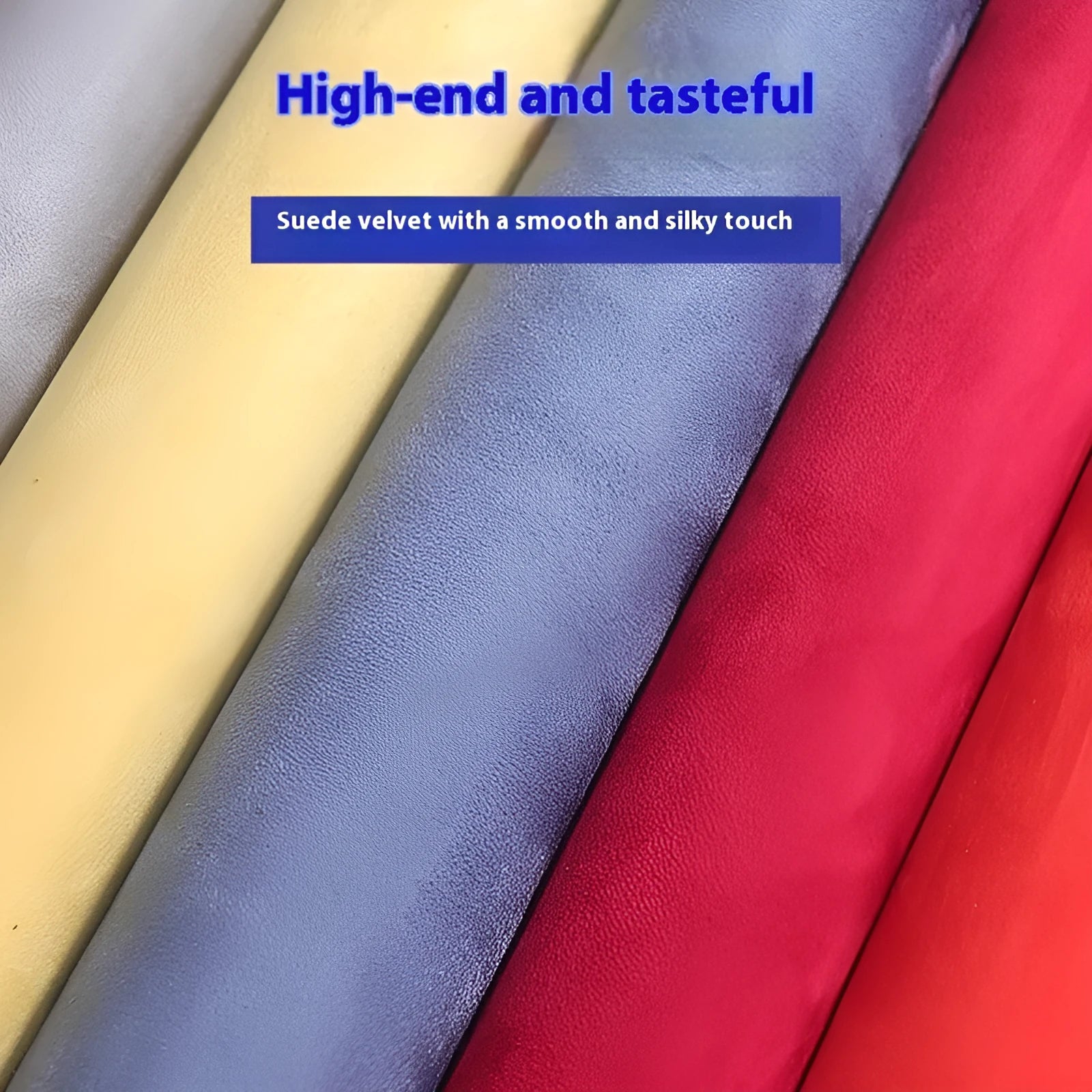 Sheet of self-adhesive leather suede fabric showing texture, available in multiple colours like black, brown, blue, and red.