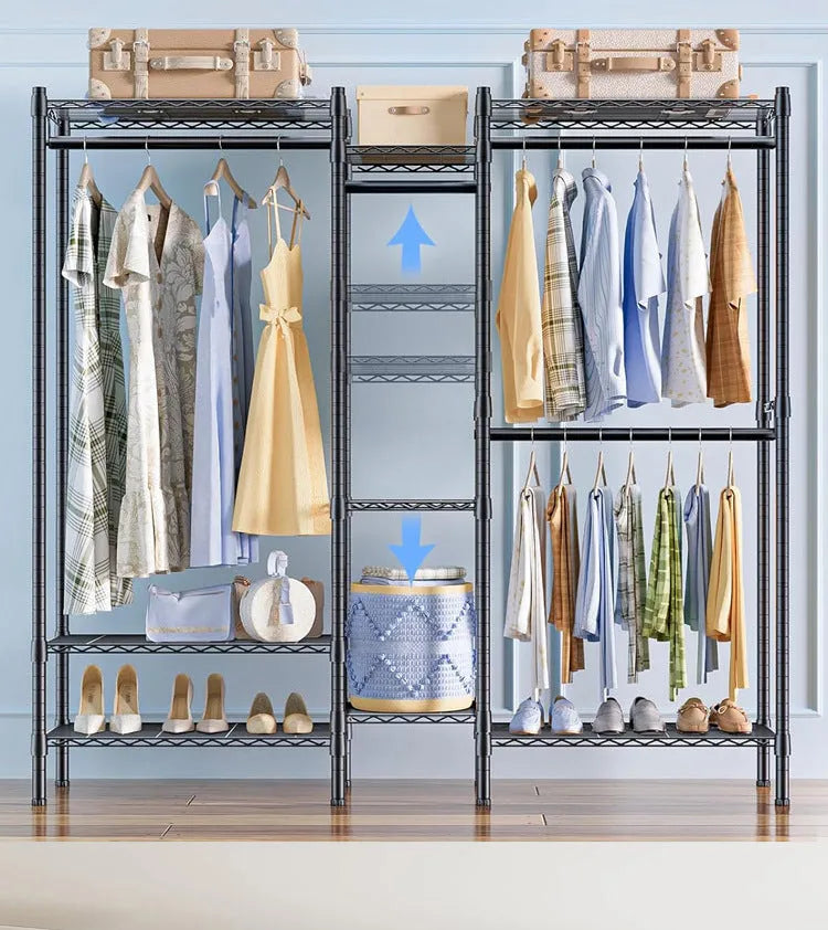 Black metal freestanding floor storage rack for clothes hangers, trousers, and ties.