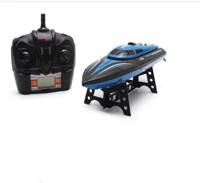 Blue speed racing RC boat on water, with remote control transmitter featuring LCD screen