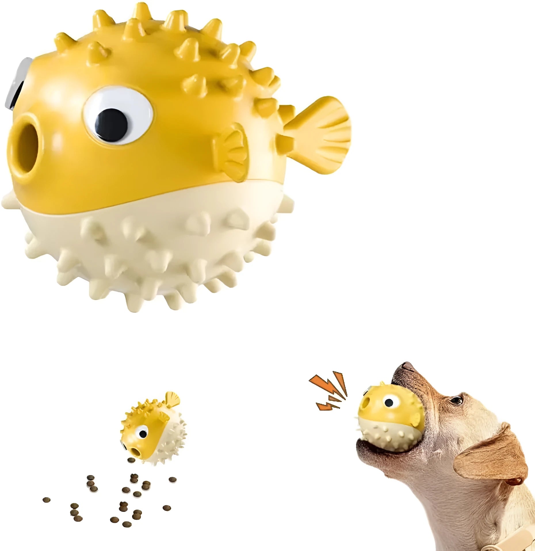 Fish-shaped interactive TPR dog toy with treat dispenser and dental-cleaning surface particles