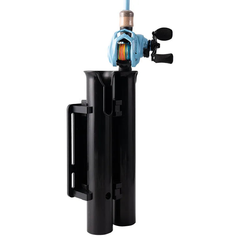Black plastic fishing rod rack for bicycle and motorcycle mounting with clamp attachment
