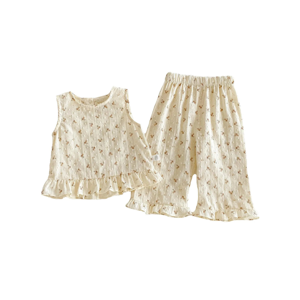 Children's cream apricot cotton sleeveless top and casual pants two-piece set for heights 73-120 cm