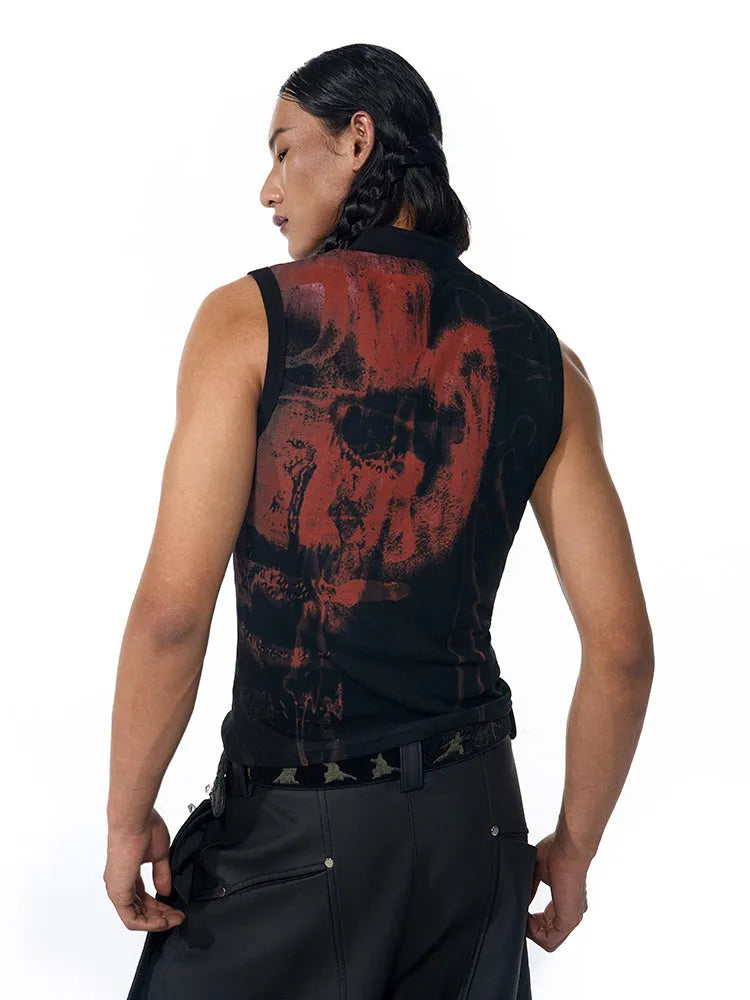 Half turtleneck slim-fit printed sleeveless T-shirt in black, front view, on model