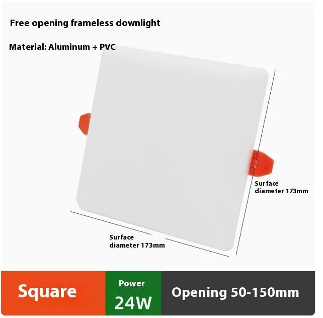 Ultra-thin circular and square aluminium LED panel ceiling lights showing white light.