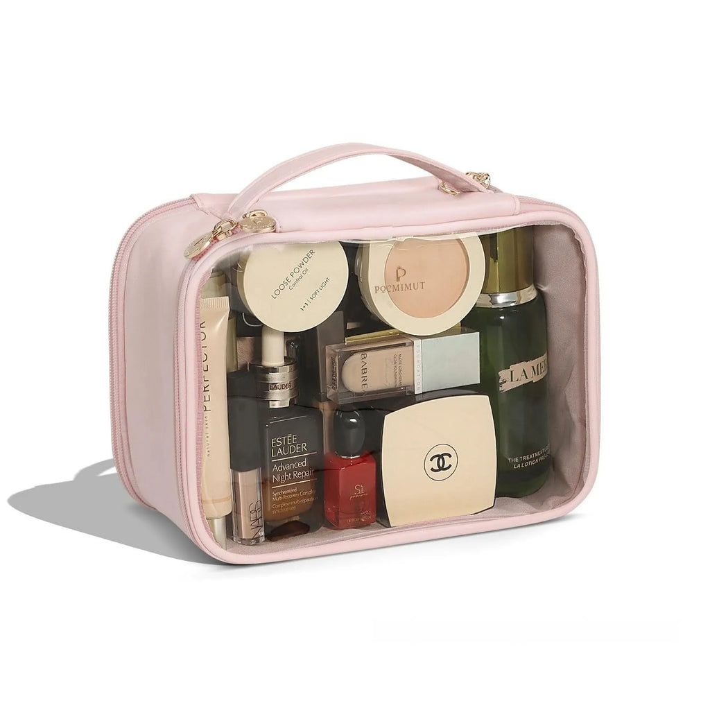 Transparent PVC leather cosmetic bag in Apricot colour with waterproof lining for travel storage.