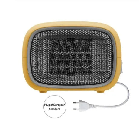 Compact green mini ceramic desk heater with metal grille, shown with dimensions.