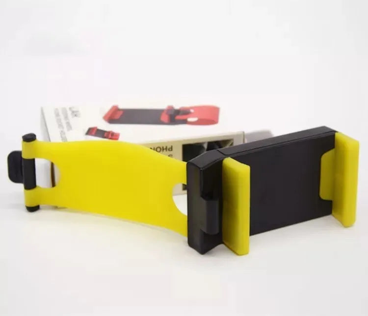 Black universal car steering wheel mobile phone holder made of ABS plastic shown mounted on a steering wheel.