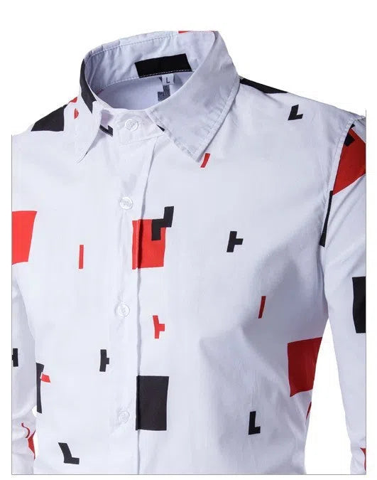 Men's casual long sleeve cotton shirt in white on hanger, available in sizes M to 5XL