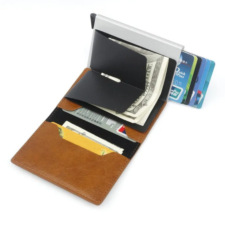 PU automatic card holder with aluminium alloy metal texture, slim design, RFID blocking card case