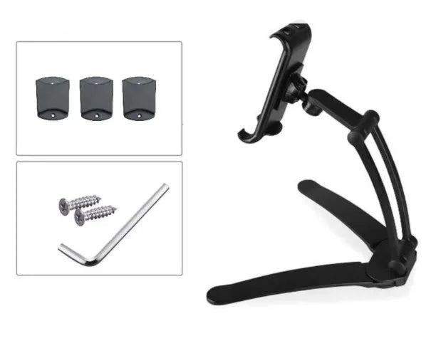 Silver aluminum desktop tablet stand holding a tablet, showing its adjustable clips and 360-degree rotation.