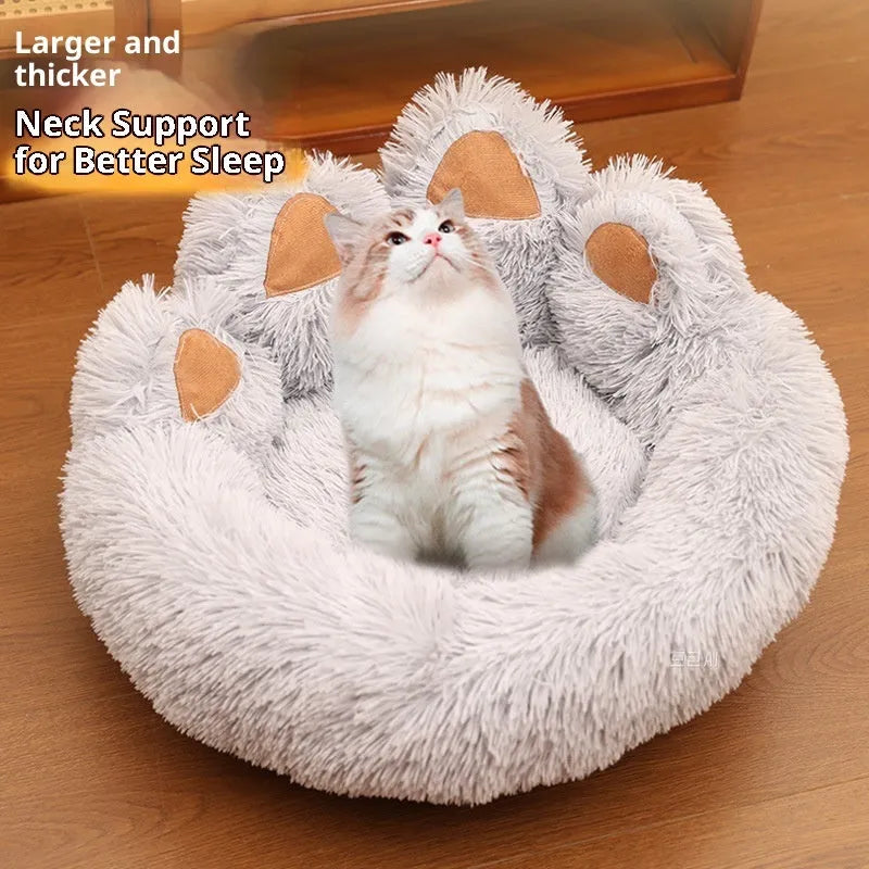 Plush kennel thickened pet bed in coffee colour with hand-shaped brush nest design on a white background