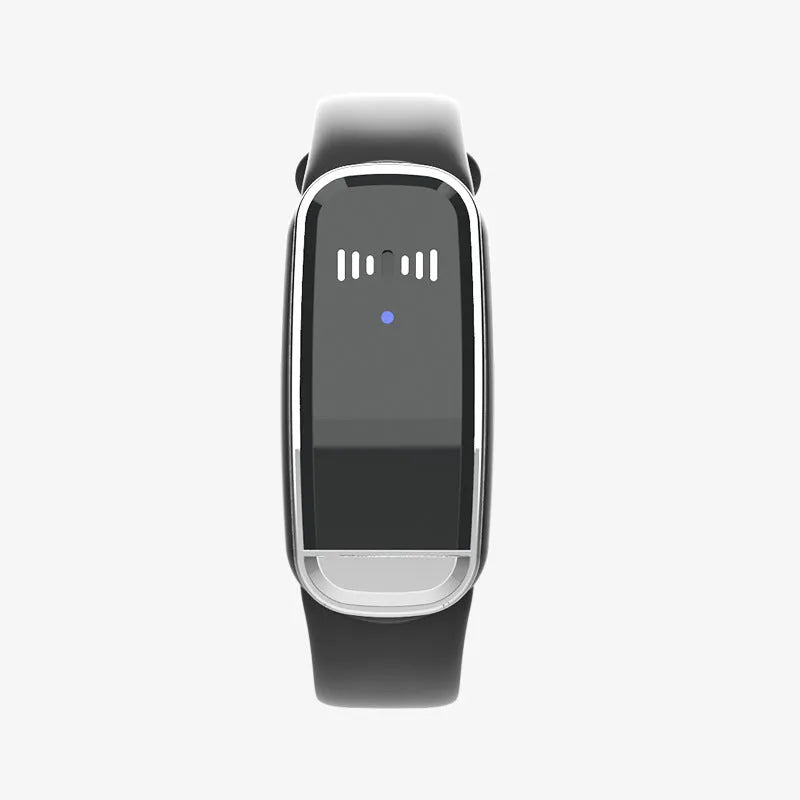 Black and white ultrasonic mosquito repellent bracelet with USB charging cable on wrist