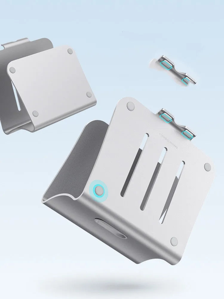 Silver aluminium laptop cooling bracket with rotary base on a wooden desk