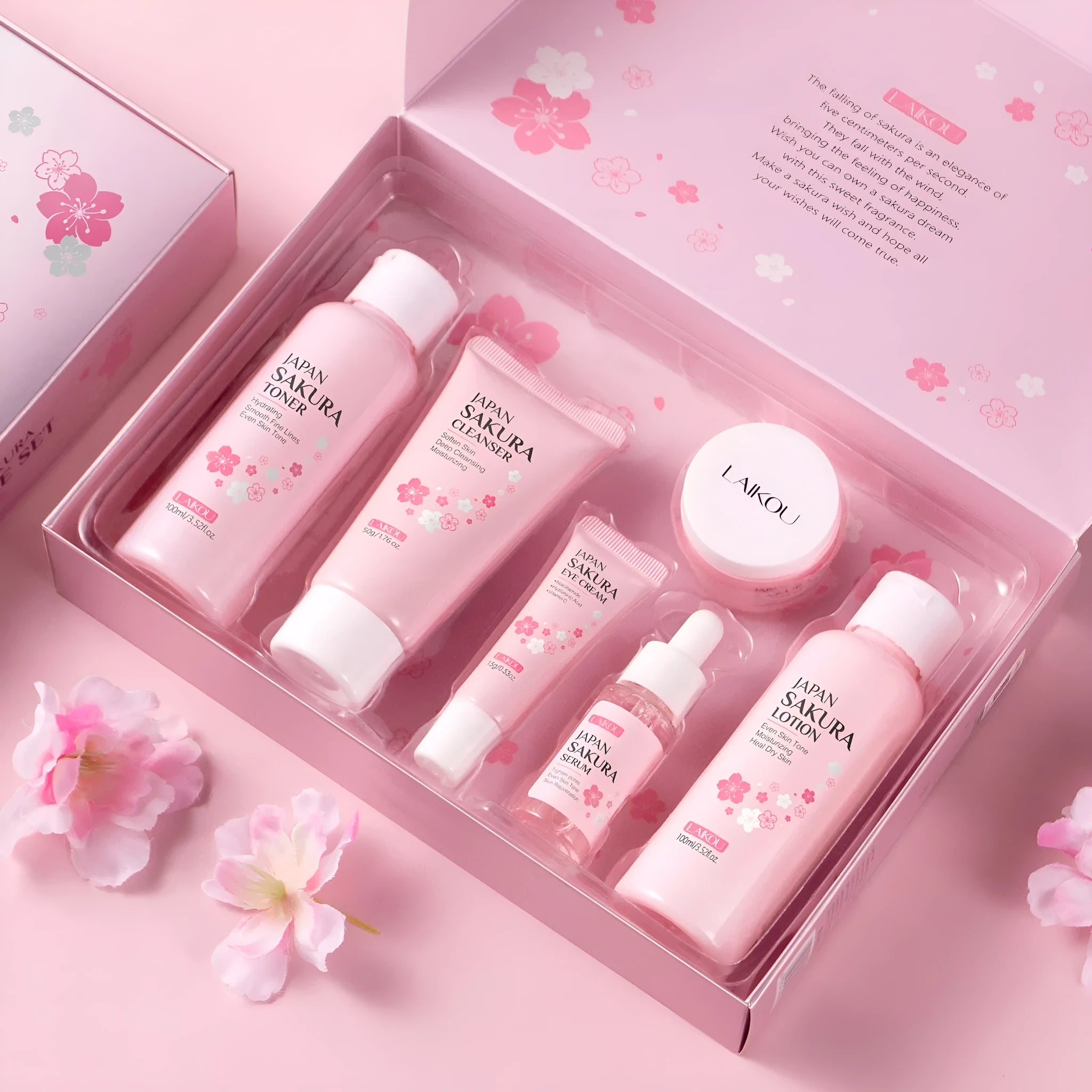 Cherry Blossom brightening and cleansing six piece facial skin care set with bottles and jars