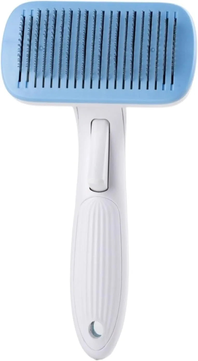 Automatic pet hair removal comb for dogs and cats in blue, showing one-click needle comb mechanism.