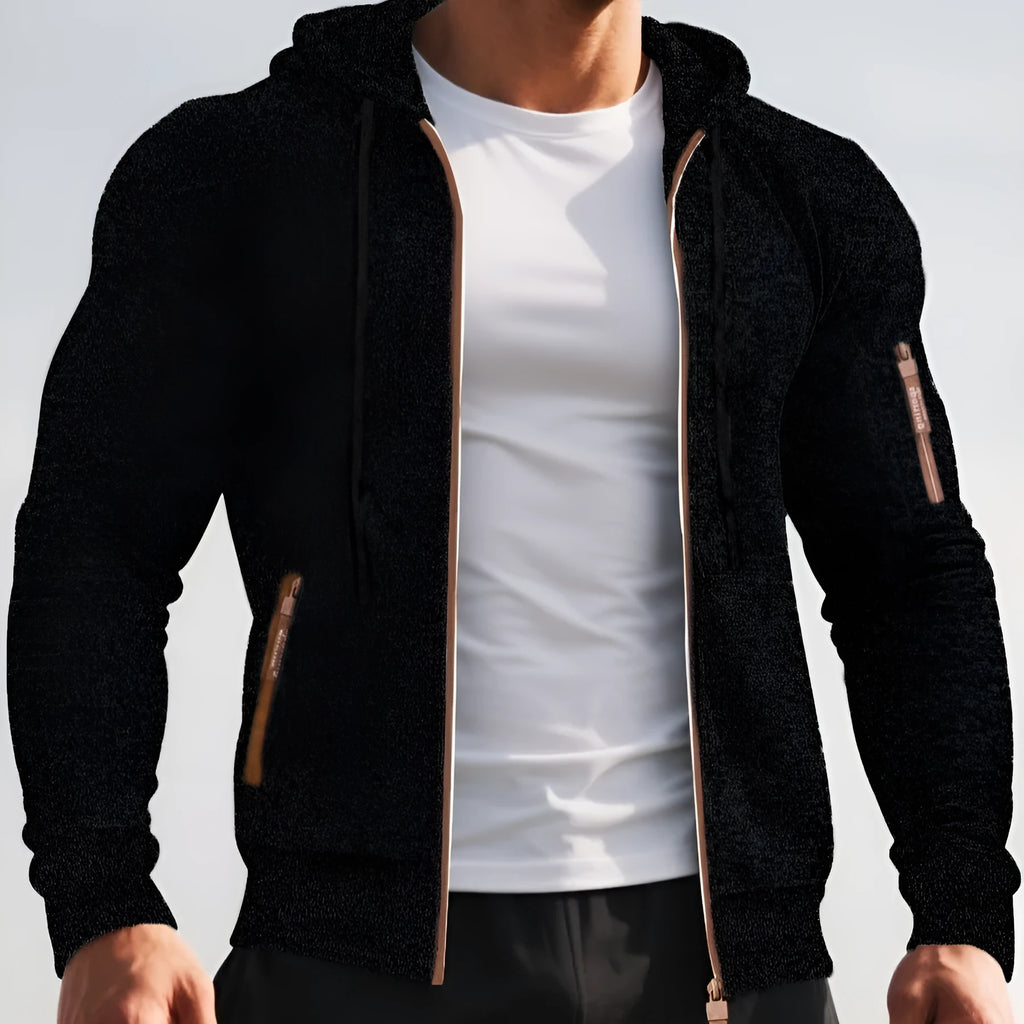 Men's hooded jacquard cardigan coat in black, dark gray, dark blue or denim blue, sizes S to 3XL
