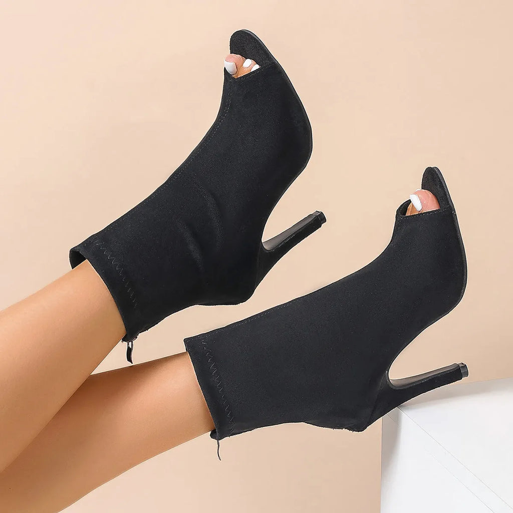 Women's black PU chunky heel peep toe Martin boots with buckle fastening, side view