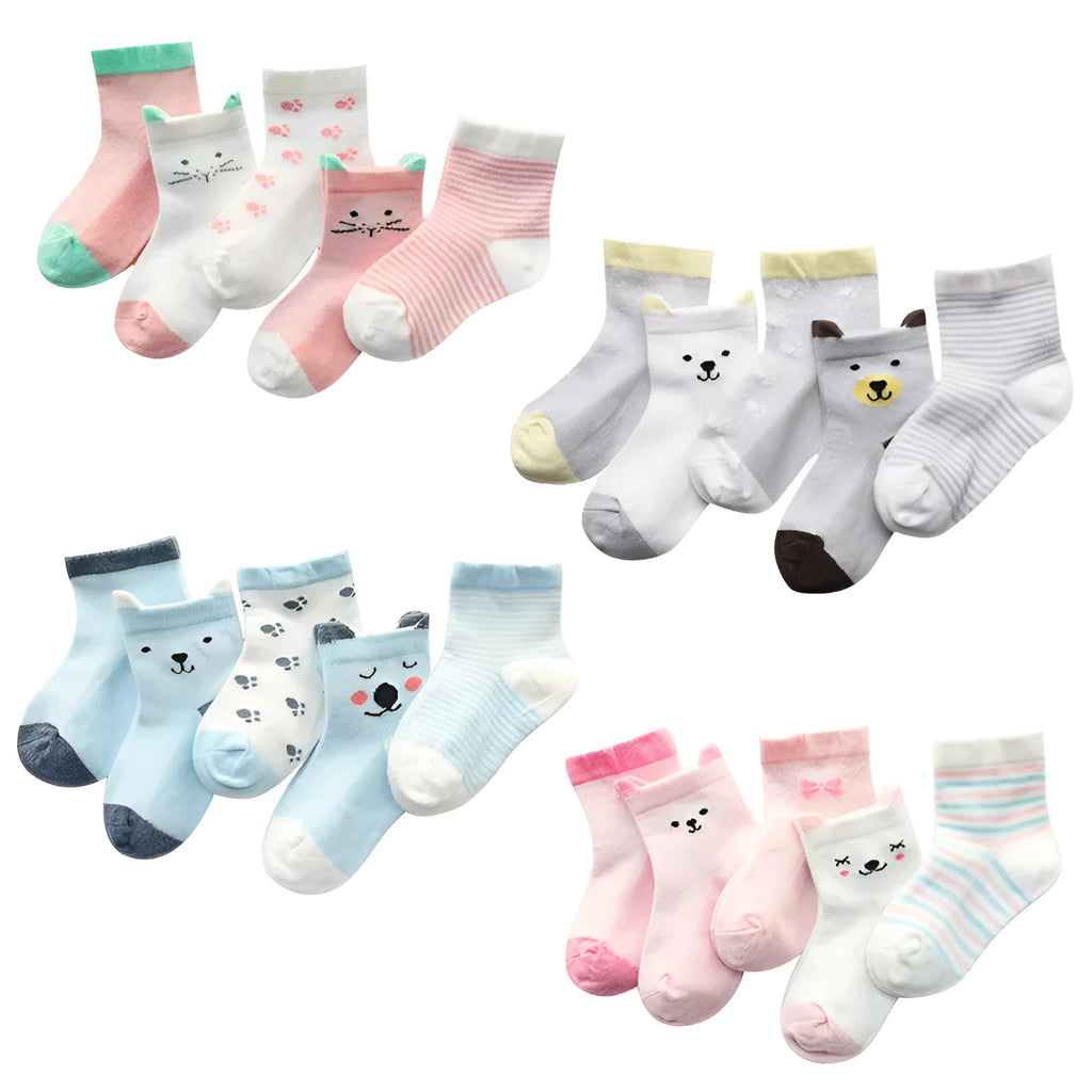 Children's cotton spandex socks, five pairs per bag, sizes S M L for ages 0-6 years, breathable summer socks
