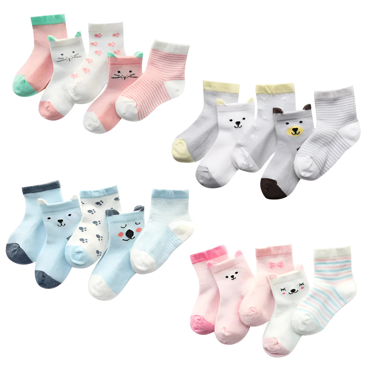 Children's cotton spandex socks, five pairs per bag, sizes S M L for ages 0-6 years, breathable summer socks