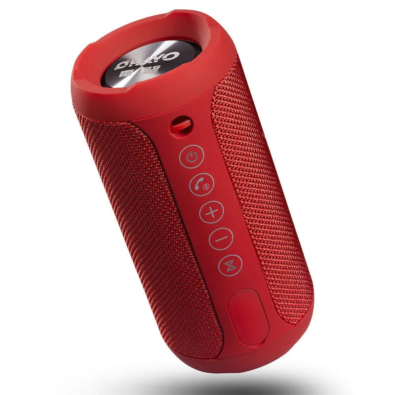 Compact portable outdoor Bluetooth speaker in black, showing control buttons and a speaker grille.