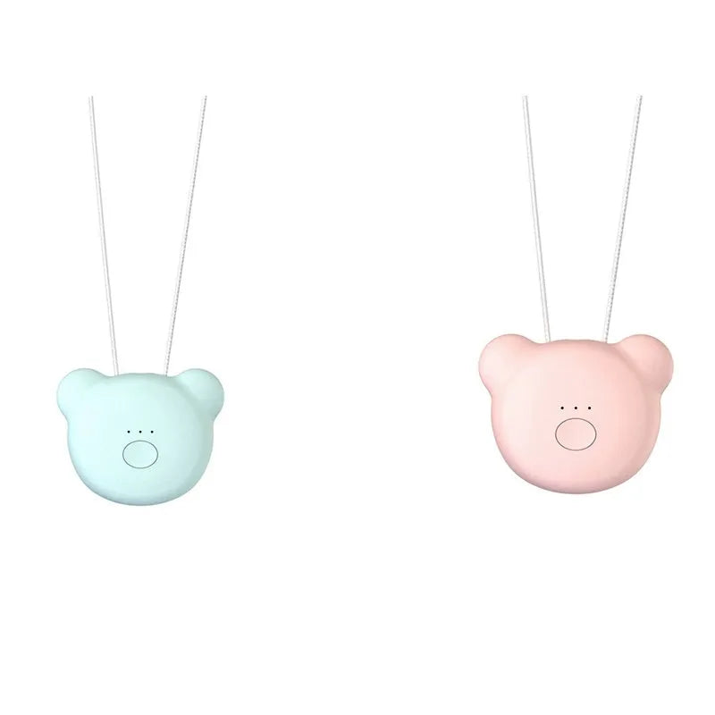 Mini USB portable air purifier necklace in blue, shown worn and with USB cable.
