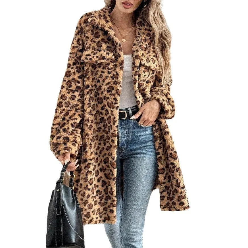 Double-sided plush long cardigan for women in dark brown with animal pattern, soft fleece texture