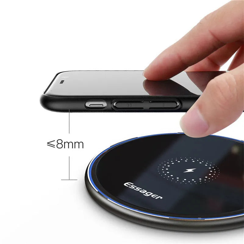 Black wireless charging pad with LED indicator for iPhone Samsung phones