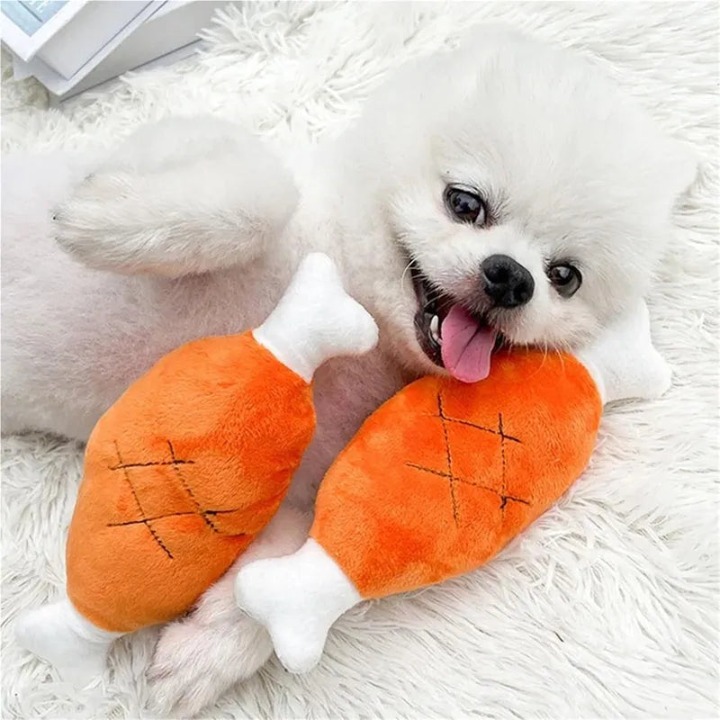 Plush chicken leg dog chew toy with squeaker, soft fabric and PP cotton, for small and medium dogs