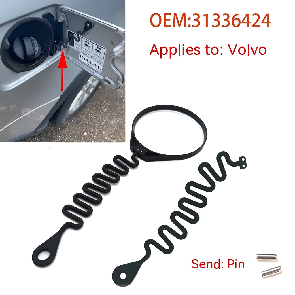 Black rubber fuel cap tether for Volvo vehicles showing circular band and separate rope attachment options