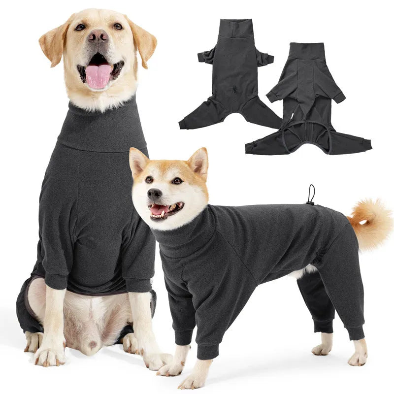Dark grey four-legged polar fleece dog coat with high collar on model dog