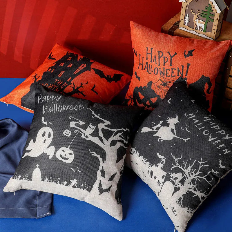 Square Halloween throw pillowcase 43x43cm in four styles: Castle, Ghost, Pumpkin, Witch on a couch