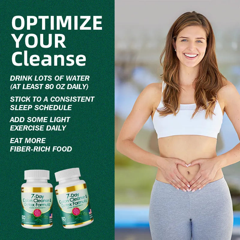 Bottle of 7-Day Colon Cleanse & Detox Formula capsules, dietary supplement for a 7-day cleansing routine