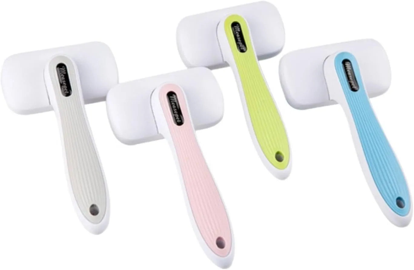 Automatic pet hair removal comb for dogs and cats in blue, showing one-click needle comb mechanism.