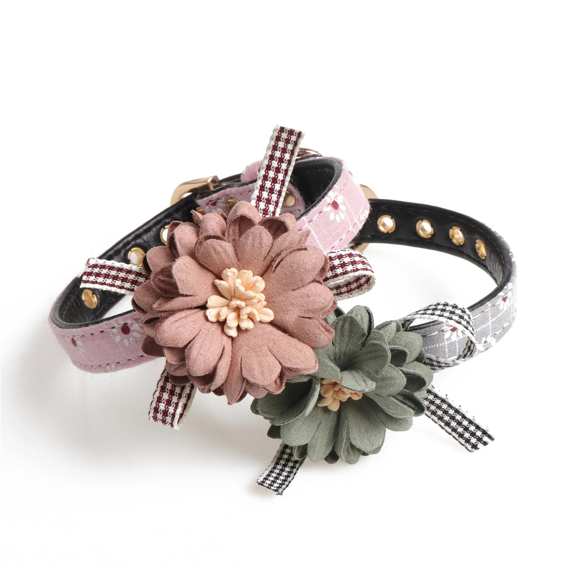 Pink PU dog collar with adjustable buckle and matching traction rope on a light background