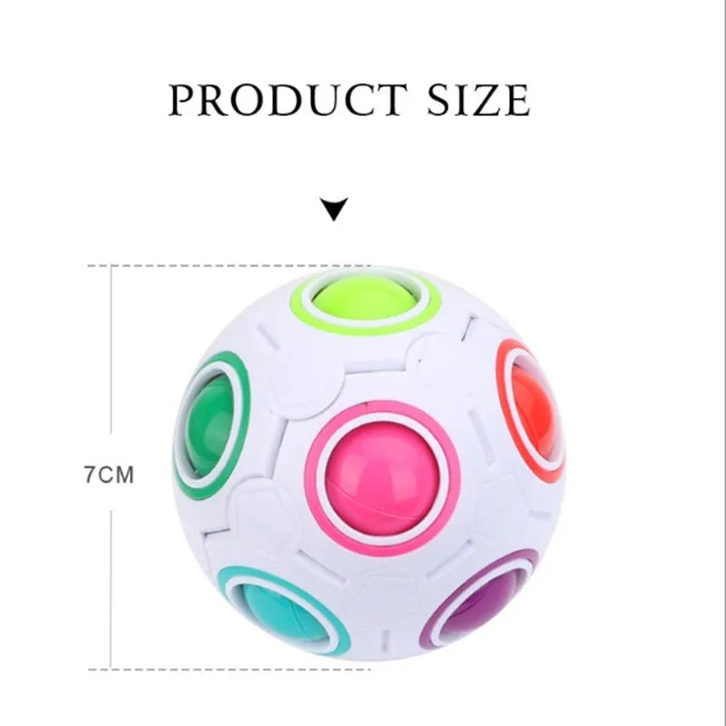 Colourful rainbow ball puzzle toy with visible holes, 5.5 cm in diameter.
