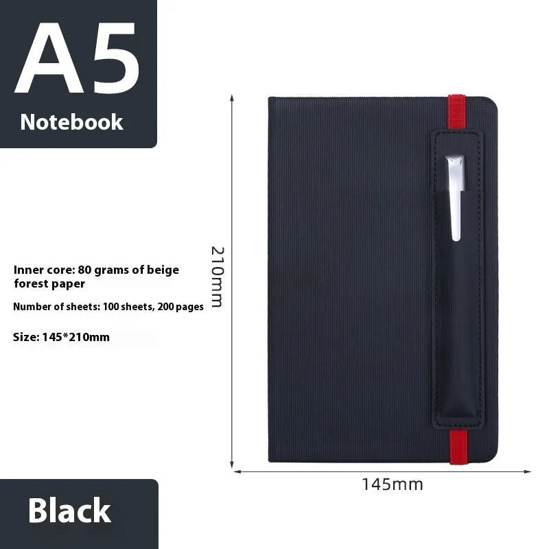 A5 faux leather notebook open with pen insert and strap, 200 pages, blue and black options