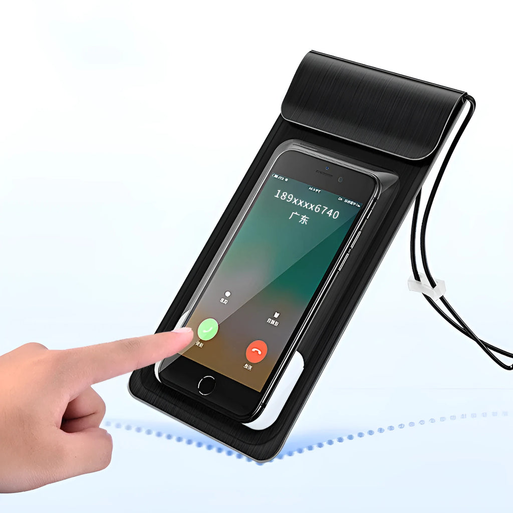 Black mobile phone waterproof bag with synthetic leather and TPU window, 22cm by 10.6cm