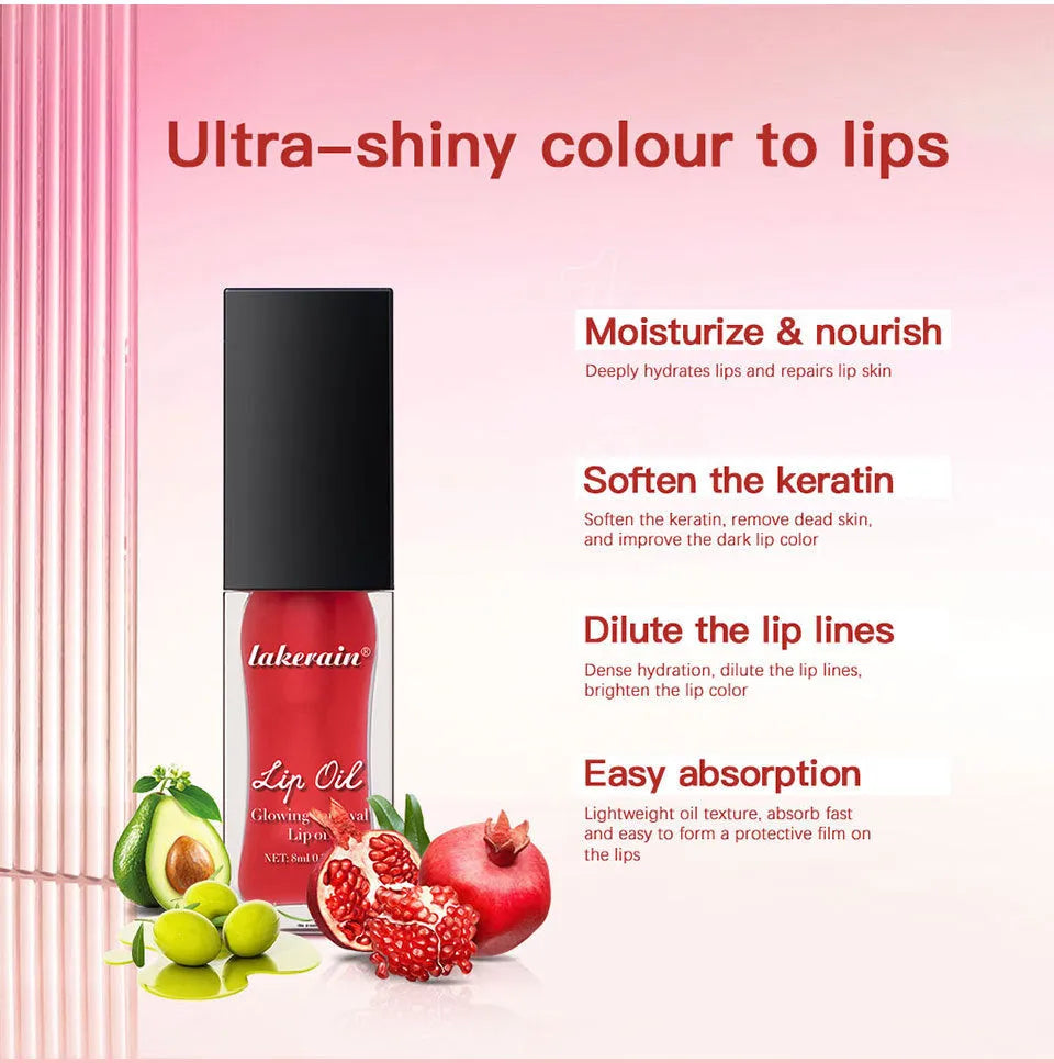 Lip gloss tube showing seven colour options including coral, honey, jam, pink, red, and rose variants
