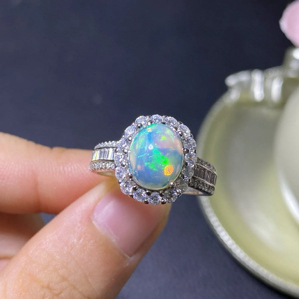Pure natural opal handmade sterling silver adjustable ring showing rose gold finish and opening design