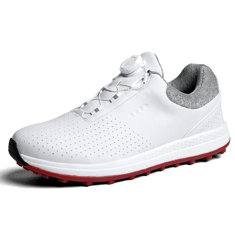 Men's white and black low top golf shoes with breathable design and MD sole