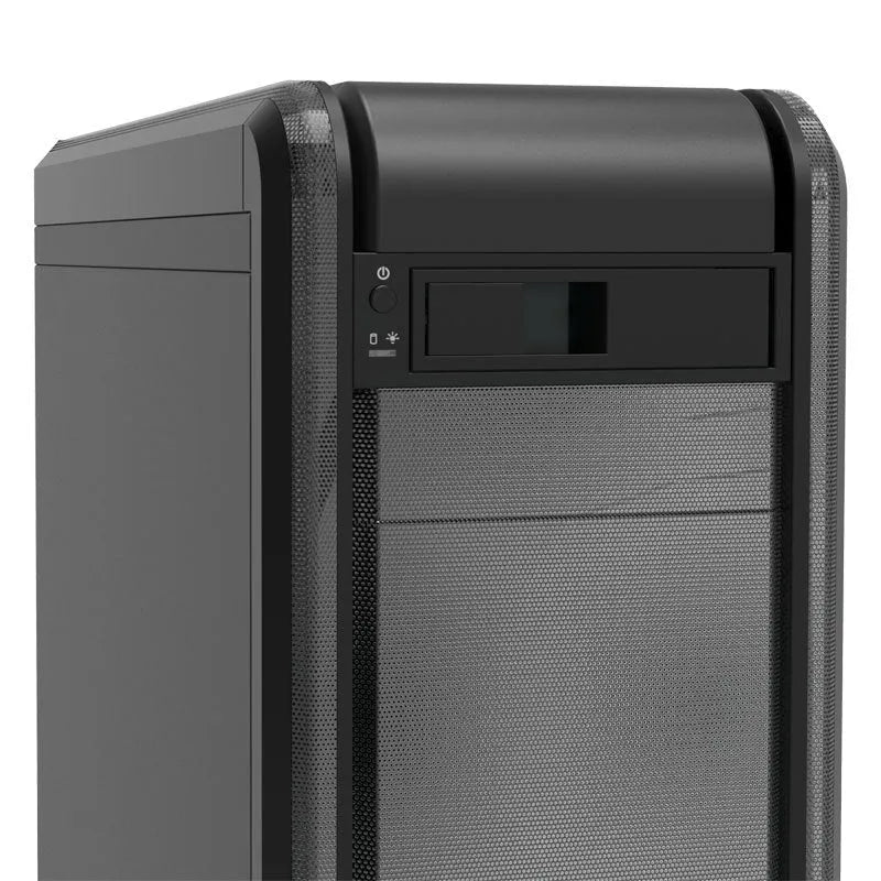 Black hard disk tray made of plastic and iron, 183x146x42mm, for vertical CD-ROM bay mounting