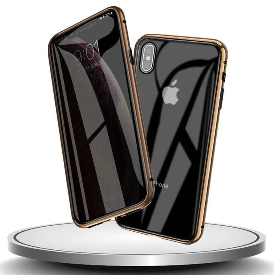 A black glass clamshell phone case for an iPhone with a geometric design and privacy screen.