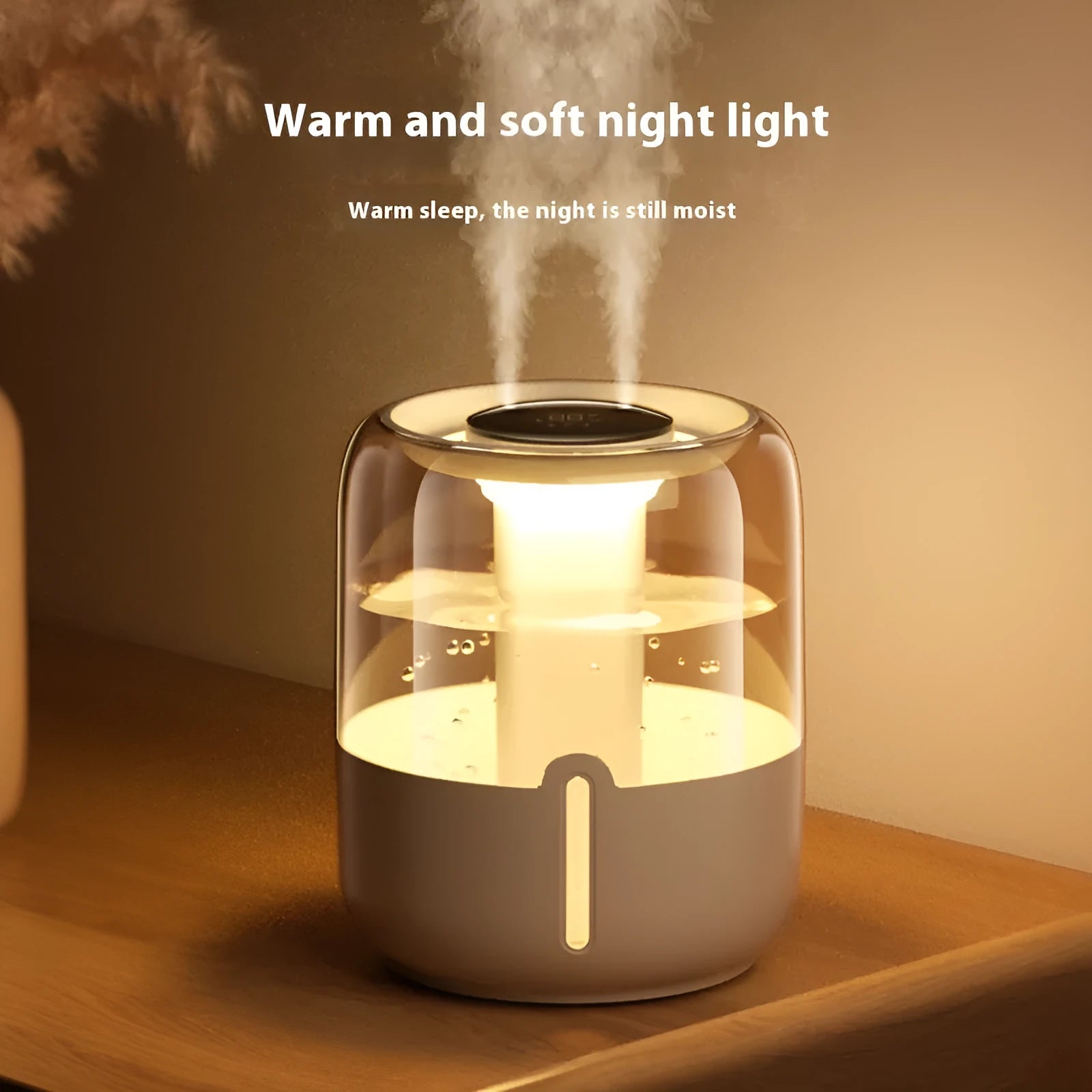 Beige round humidifier with display, dual spray nozzles, and USB port
