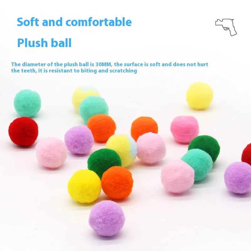 Plush pet toy gun with colourful yarn balls for interactive cat and dog play sessions