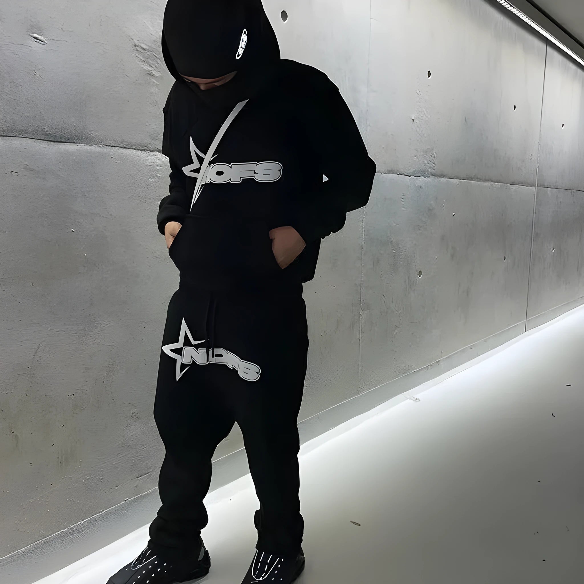 Gothic punk sweater two-piece set with hoodie and trousers in light gray white letters, cotton blend fabric